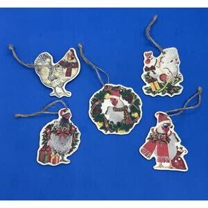 Five Chicken Themed Ornaments Christmas Holiday Balsa Wood Twine Hangers New